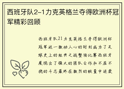 西班牙队2-1力克英格兰夺得欧洲杯冠军精彩回顾 西班牙队2-1力克英格兰夺得欧洲杯冠军精彩回顾
